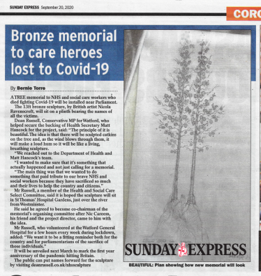 Dean Russell MP announced NHS and Care Workers Memorial in Sunday Express with Backing Of Matt Hancock