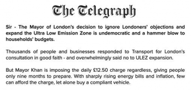 Top of open letter to Telegraph over ULEZ Expansion